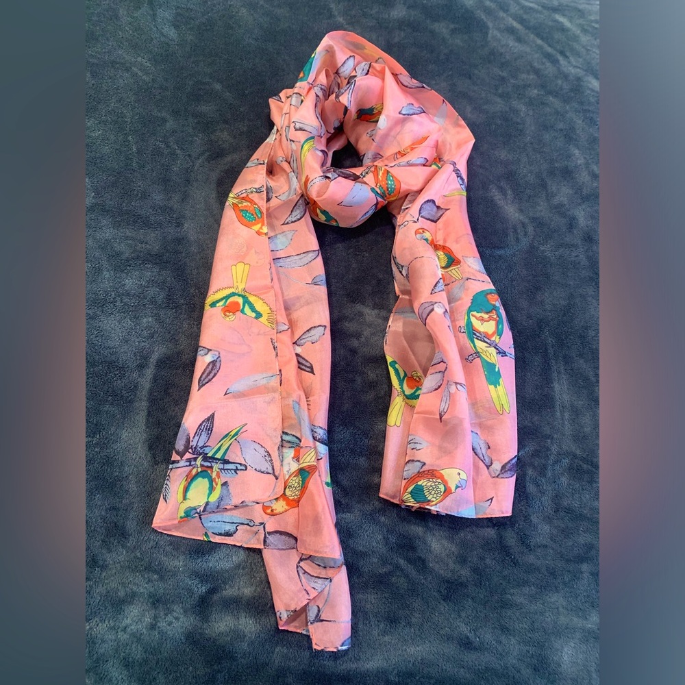 100% Silk Pink Scarf Bird Lightweight Head Neck Wrap Shawl
